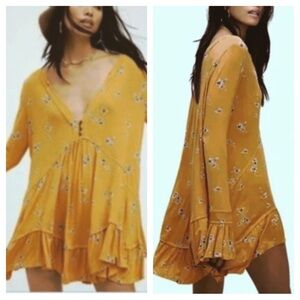 FREE PEOPLE OLIVIA FLORAL TUNIC MINI DRESS MARIGOLD XS TO S